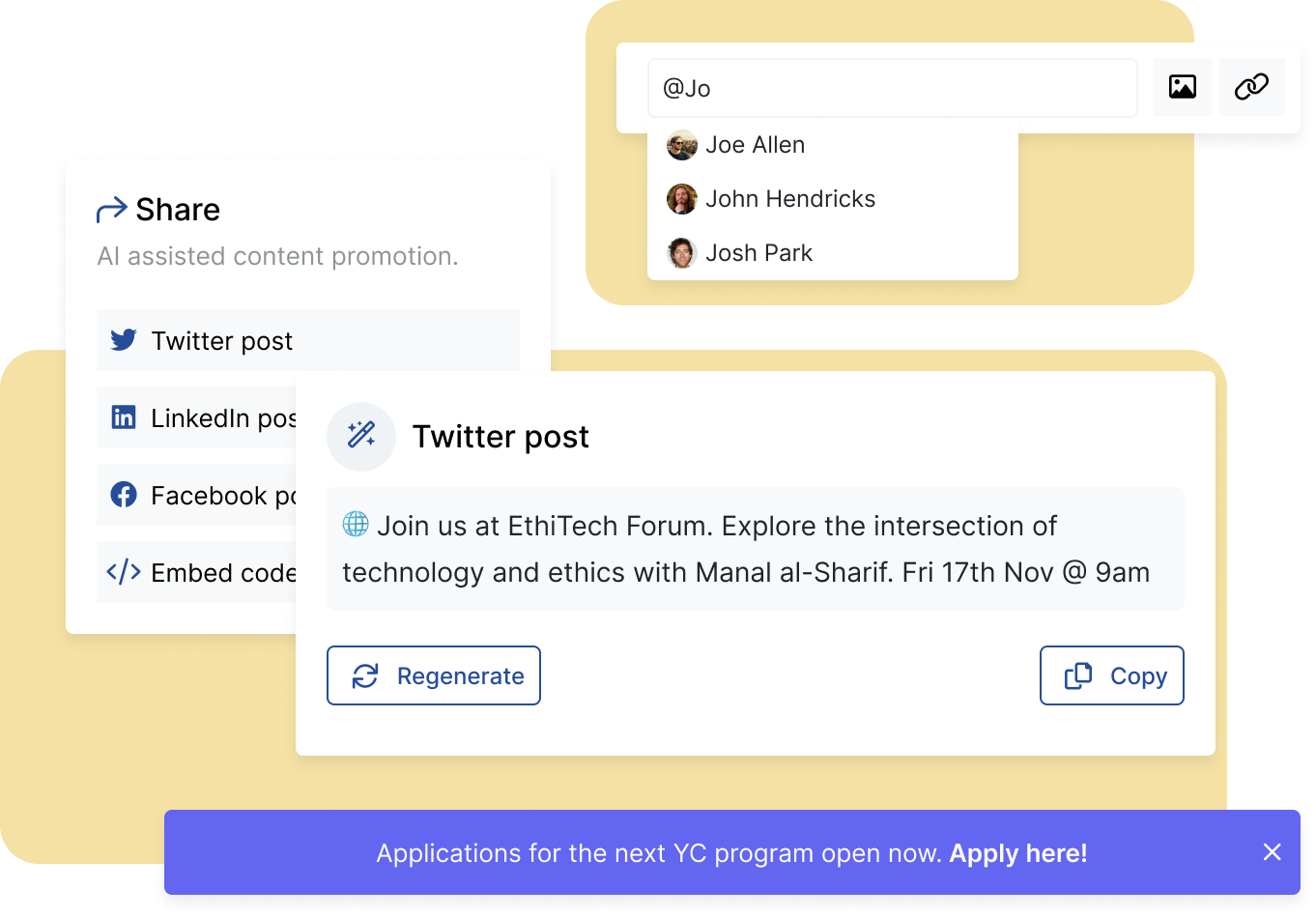 Ai powered social media post, banner announcement and tagging users in posts